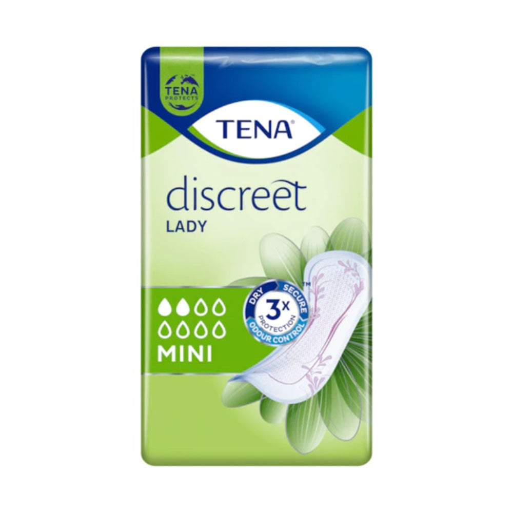 Weißer Hintergrund mit einem Produktbild von TENA Lady Discreet Mini Inkontinenzeinlagen. Die Packung ist rosa gehalten und zeigt die Bezeichnung „TENA Lady Discreet Mini“ sowie ein Bild einer stilisierten Blume. Im oberen Bereich der Packung sind Symbole für den höchsten Schutz und eine diskrete Verwendung abgebildet. Die Inkontinenzeinlagen selbst sind leicht und dünn, ideal für unkomplizierte Handhabung.