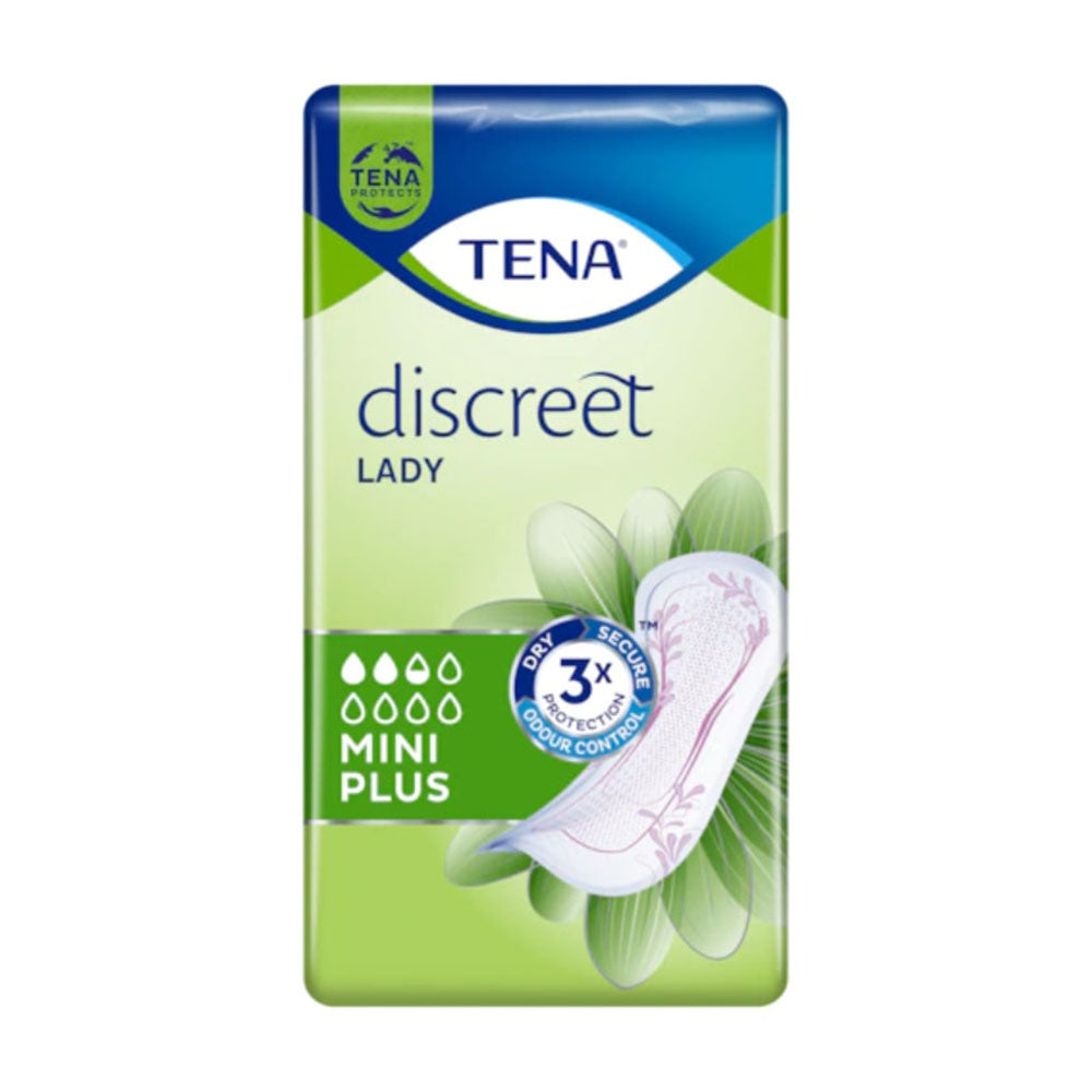 Bild eines Produkts mit dem Namen „Tena Lady Discreet Mini Plus“ – Inkontinenzeinlagen. Die Verpackung ist in einem modernen Design gehalten, dominiert von sanften Farben in Weiß, Rosa und Blau. Auf der Vorderseite befindet sich ein ansprechendes Abbild der Einlagen sowie Hinweise zur Produktqualität. Die Einlagen sind in einer schützenden Umhüllung abgebildet, die ihre diskrete Form und dünnen Maße zeigt. Zusätzliche Informationen zur Verwendung und Vorteilen sind an der Seitenbeschreibung ersichtlich.