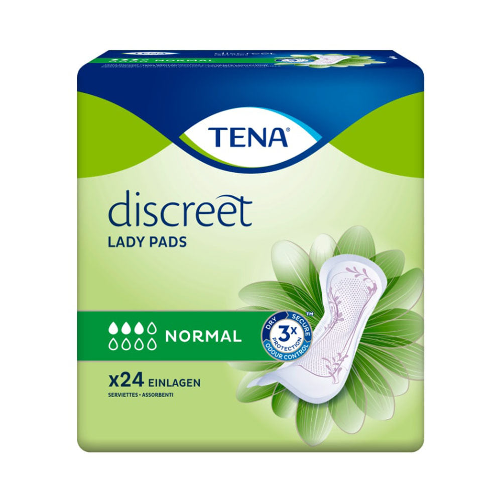 Alt-Text: Das Bild zeigt die Verpackung von TENA Lady Discreet Normal Inkontinenzeinlagen. Die Packung ist in sanften Farben gehalten, überwiegend in Rosa und Weiß. Auf der Vorderseite ist der Produktname deutlich sichtbar, begleitet von einer Abbildung der Einlagen. Es sind auch Hinweise auf die Eigenschaften der Inkontinenzeinlagen abgebildet, wie deren hohe Saugfähigkeit und Diskretion.