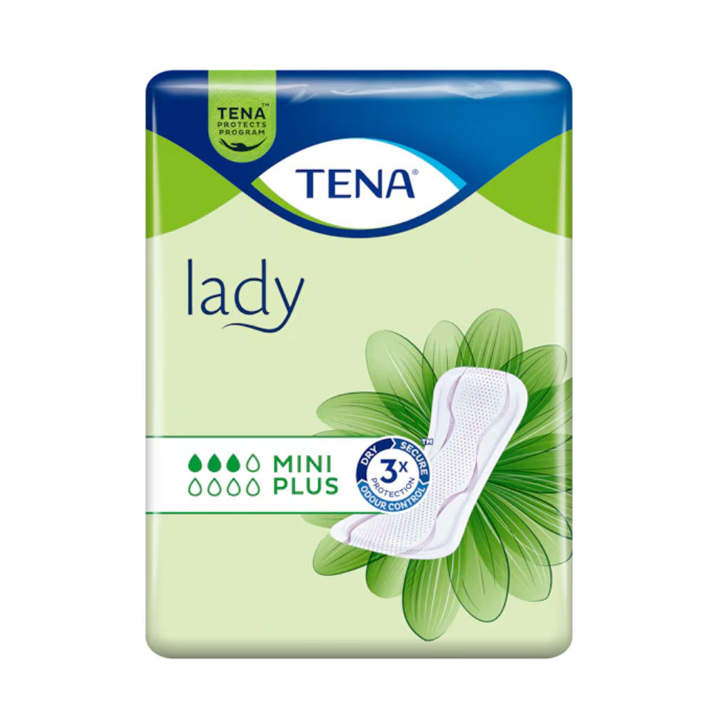 Frontalansicht einer Packung Tena Lady Mini Plus Inkontinenzeinlagen.