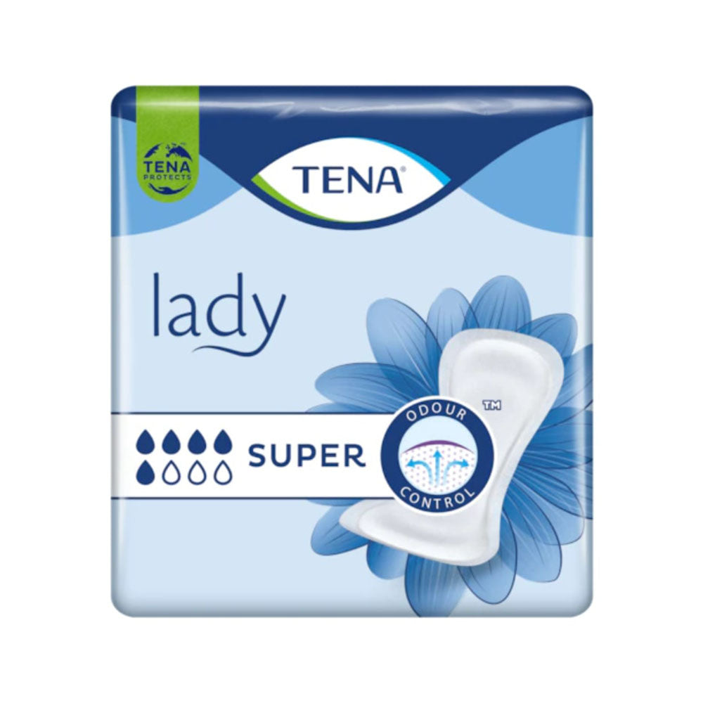 TENA Lady Super Inkontinenzeinlagen: Die Verpackung zeigt eine elegante, hellblaue Farbgestaltung mit glänzendem Finish. Auf der Vorderseite ist das Produkt in der Mitte platziert, umgeben von den Worten "TENA Lady Super" und einer kurzen Beschreibung zur Absorption. Oben links ist das Logo von TENA zu sehen. Unten links ist das Symbol für eine hohe Saugfähigkeit abgebildet. Die Inkontinenzeinlagen sind einzeln verpackt, was die Hygiene unterstützt.