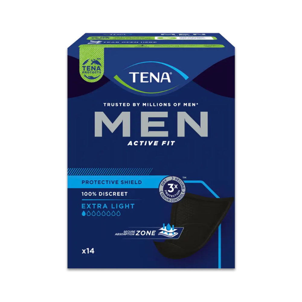 Alt-Text: Eine Verpackung von TENA Men Active Fit Level 0 Inkontinenzeinlagen für Männer. Die Packung ist in einem modernen Design gehalten, überwiegend in Blau mit weißen und grünen Akzenten. Auf der Vorderseite steht der Produktname "TENA Men Active Fit Level 0" in klaren, deutlichen Buchstaben. Darunter sind Icons, die die kontinuierliche Sicherstellung von Trockenheit und Komfort symbolisieren. Im Hintergrund sind stilisierte grafische Elemente, die eine aktive Lebensweise ansprechen.
