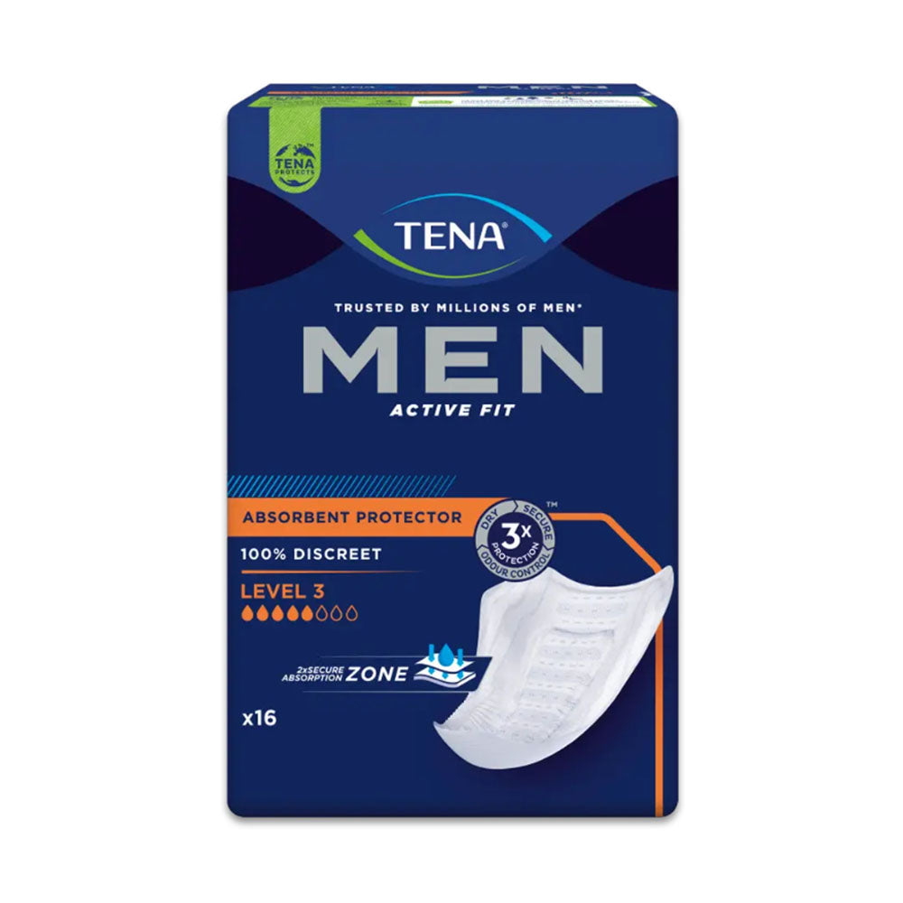 Alt-Text: Abbildung der TENA Men Active Fit Level 3 Inkontinenzeinlagen. Die Packung zeigt ein modernes, männliches Design und enthält 14 Einlagen. Die Vorderseite der Verpackung hebt die Eigenschaften "Active Fit" und "Level 3" hervor, was auf eine hohe Saugfähigkeit hinweist. Optisch dominiert Blau in verschiedenen Nuancen, ergänzt durch weiße Schriftzüge und grafische Elemente. Im Hintergrund sind möglicherweise sanfte Farbverläufe zu erkennen.