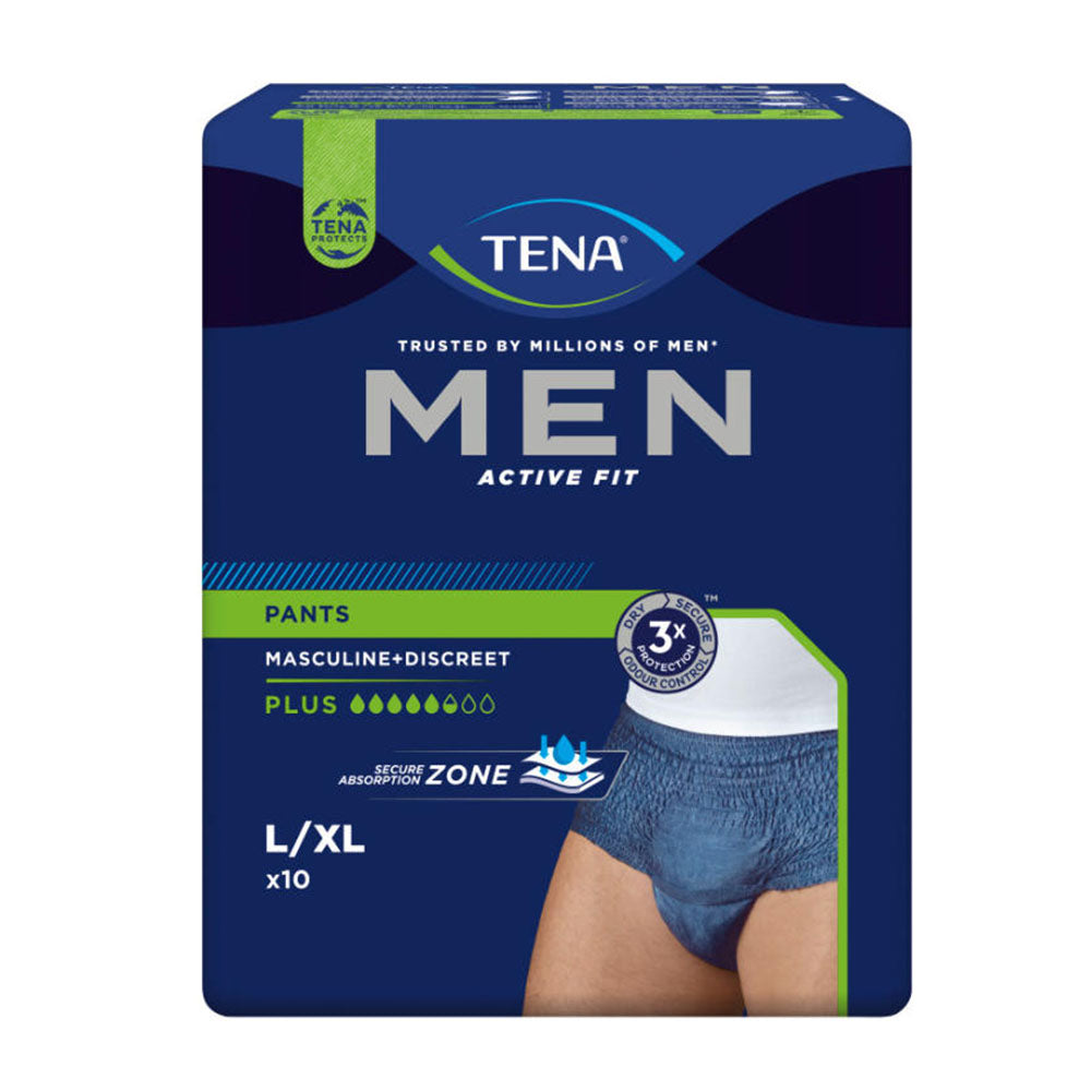 Detaillierte Bildbeschreibung: Auf dem Produktbild sind TENA Men Active Fit Pants Plus in der Farbe Blau zu sehen, die speziell für Inkontinenz entwickelt wurden. Die Pants sind aus einem weichen, atmungsaktiven Material gefertigt und haben einen elastischen Bund für einen bequemen Sitz. Das Design ist in einem modernen, sportlichen Stil gehalten und zeigt eine Vorderansicht der Pants, die auf einem weißen Hintergrund präsentiert werden. Die Packung enthält die Größen L-XL.