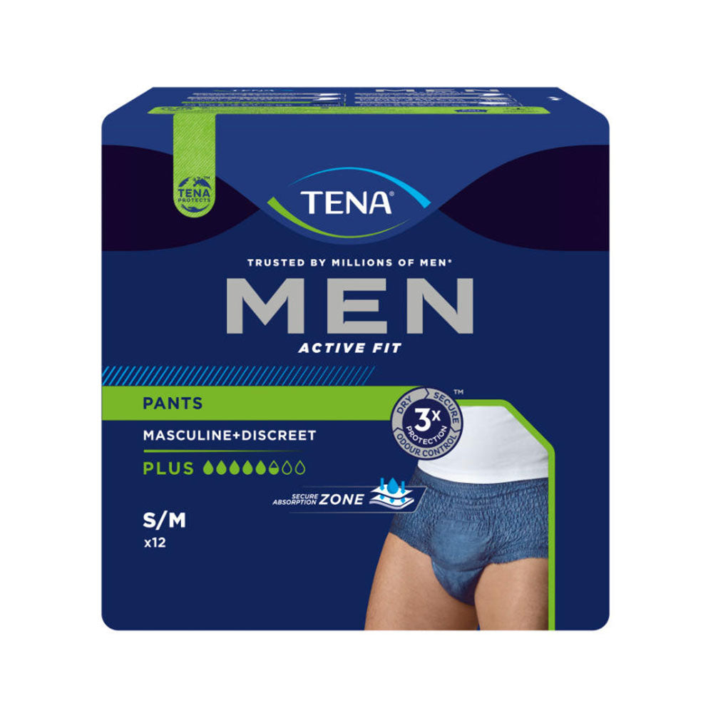 Blaues Produktbild von TENA Men Active Fit Pants Plus in der Größe S/M. Die Inkontinenzhose ist aus einem modernen, atmungsaktiven Material gefertigt und bietet optimale Passform und Komfort. Der elastische Bund ist gut sichtbar und sorgt für sicheren Halt. Die Hosenform zeigt eine innere Polsterung für zusätzliche Saugfähigkeit. Das Bild hebt die leicht strukturierte Oberfläche und die modernen Designelemente hervor, die Diskretion und Alltagstauglichkeit betonen.