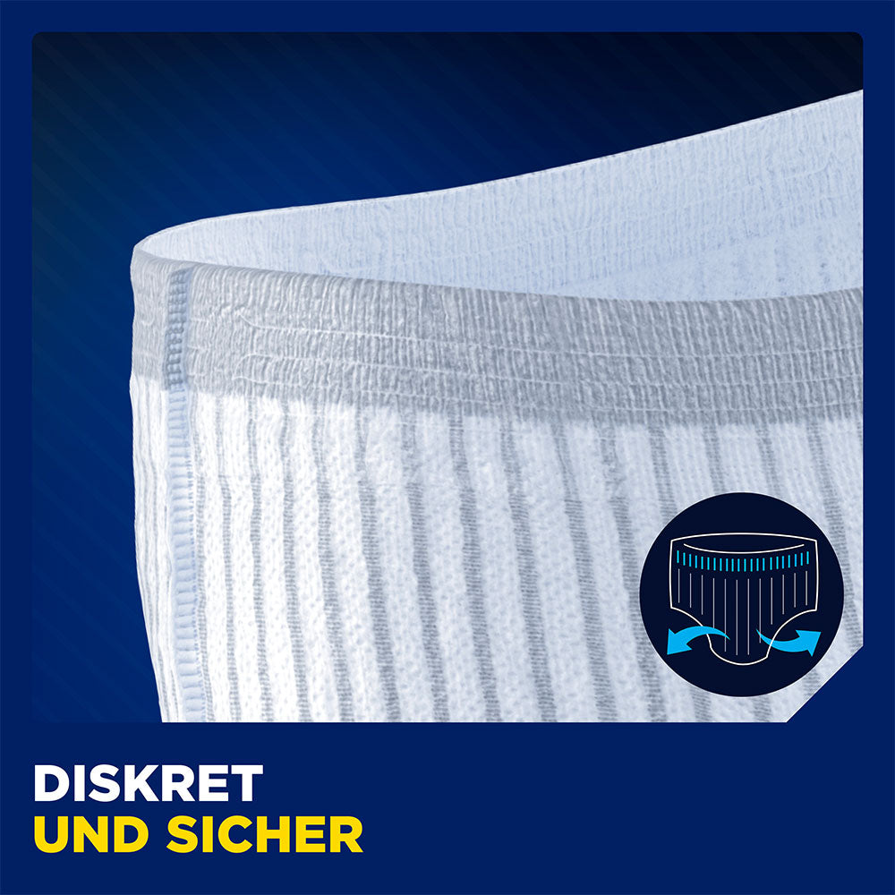 Nahaufnahme einer Tena Men Premium Fit L/XL Inkontinenzhose mit dem Hinweis auf Diskretion und Sicherheit.