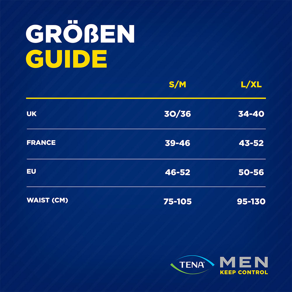Größtentabelle der Tena Men Premium Fit Maxi Serie. Größe S/M: 75 - 105 cm Hüftumfang, Größe L/XL: 95 - 130 cm Hüftumfang.