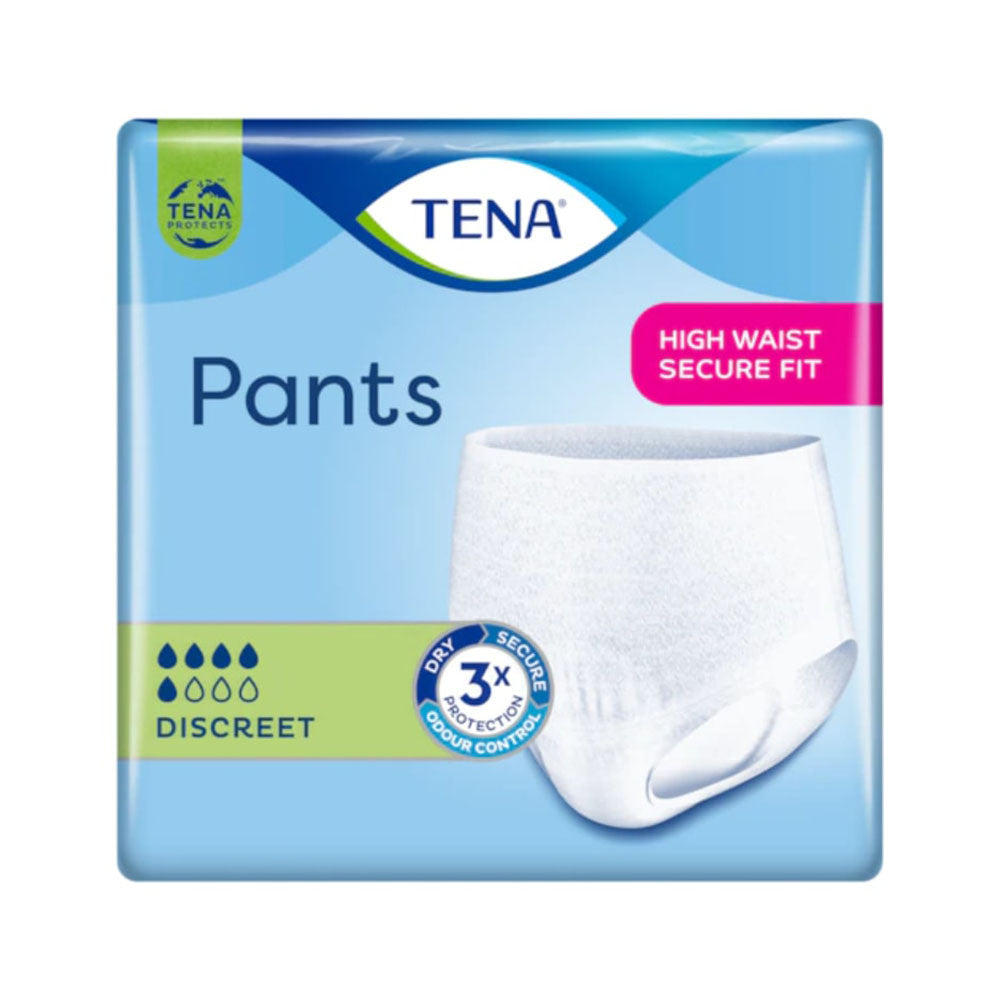 TENA Pants Discreet für Frauen, Größe Large. Die Packung zeigt mehrere TENA Discreet Pants, die in einem modernen und praktischen Design gehalten sind. Die Hosen sind hell und atmungsaktiv mit einem elastischen Bund, der für einen bequemen Sitz sorgt. Auf der Verpackung sind hilfreiche Informationen über die Eigenschaften der Pants abgedruckt, wie den hohen Schutz vor Leckagen. Das Bild vermittelt eine diskrete, vertrauenswürdige Lösung für inkontinente Frauen und hebt die funktionalen Vorteile hervor.