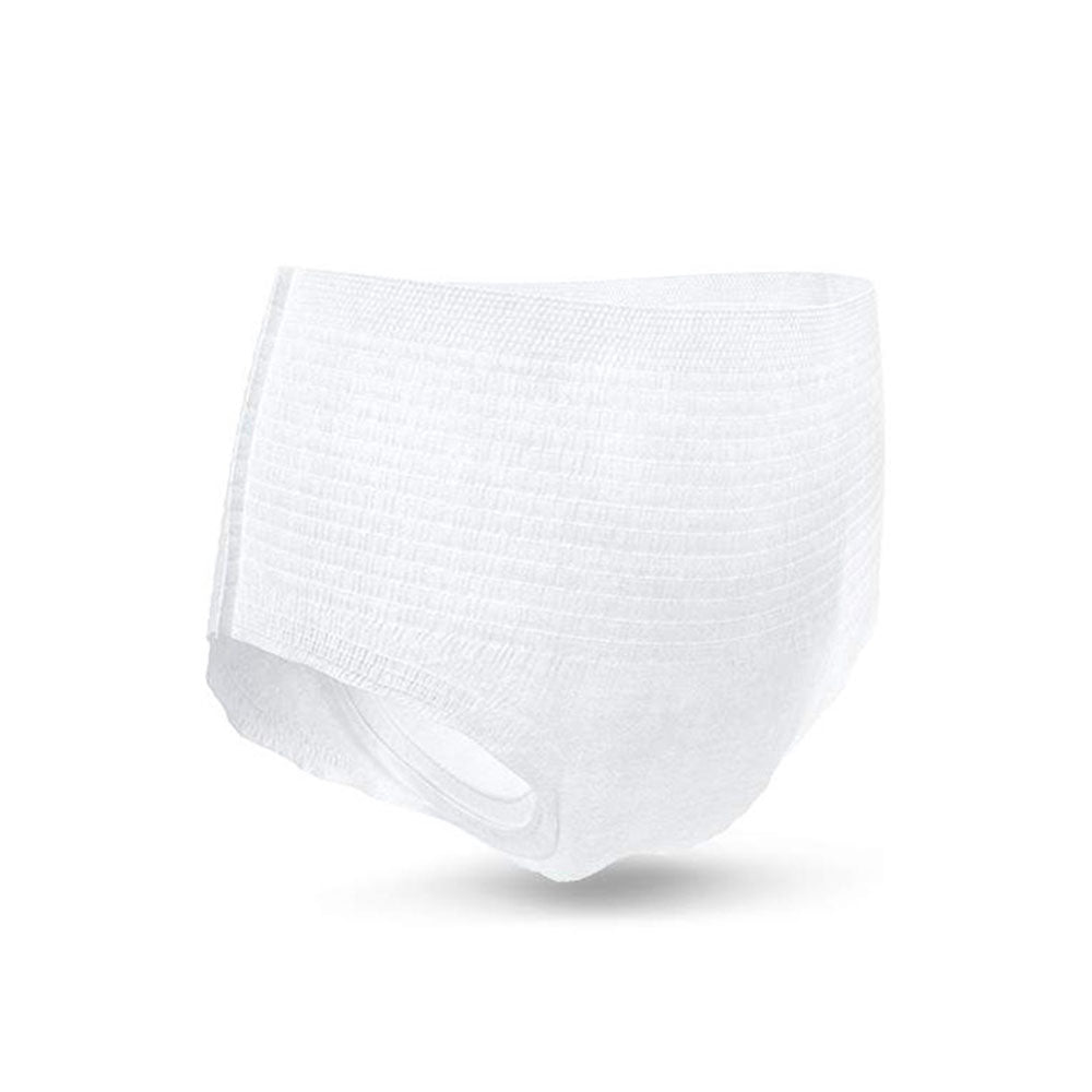 Das Bild zeigt eine Packung TENA Pants Discreet in der Größe Large, die für Inkontinenz geeignet sind. Die Vorderseite der Verpackung ist klar und attraktiv gestaltet, mit einem Bild der Panty, das ihre weiche Textur und den bequemen Sitz hervorhebt. Farbliche Akzente in Blau und Grün unterstreichen die Markenidentität. Der Produktname sowie Hinweise auf die Diskretion und Saugfähigkeit sind in gut lesbarer Schrift platziert.