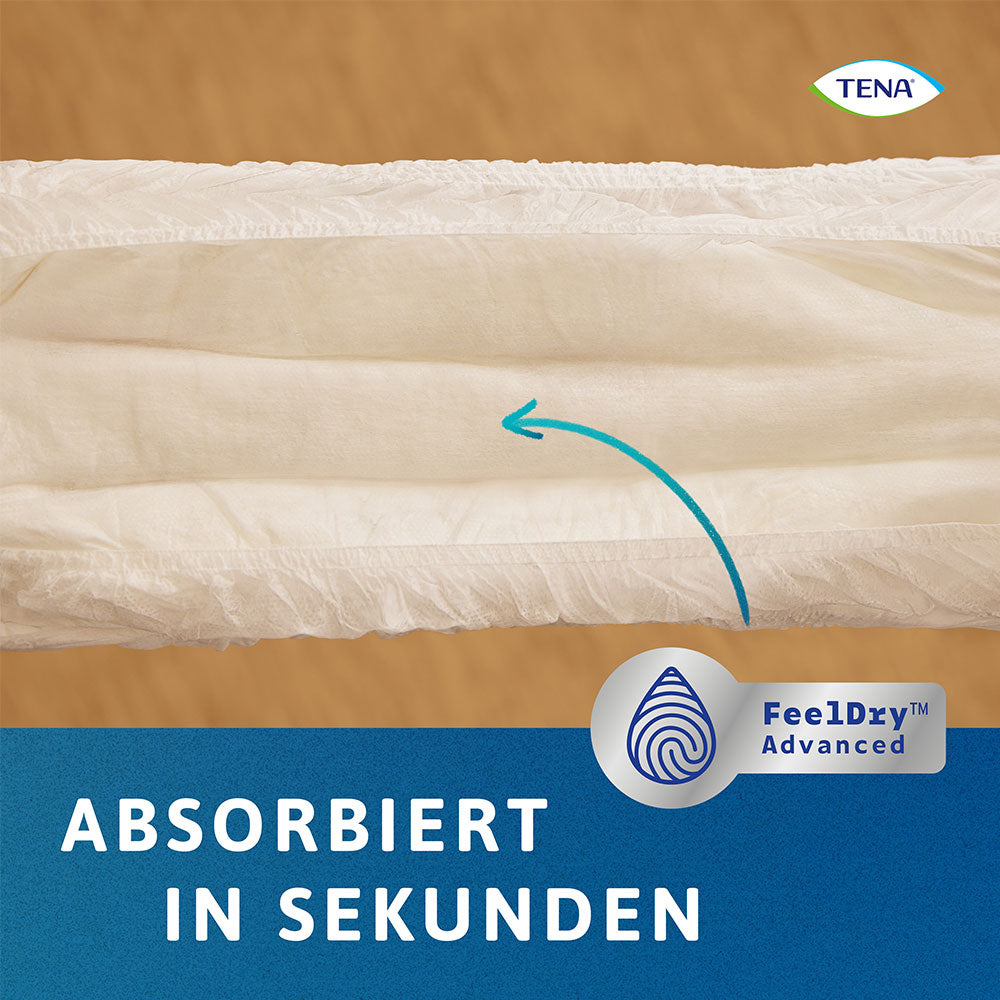 Nahaufnahme des Saugkerns der Tena Pants Maxi Inkontinenzhose mit Hinweis auf FeelDry Advances Technologie: Absorbiert in Sekunden.