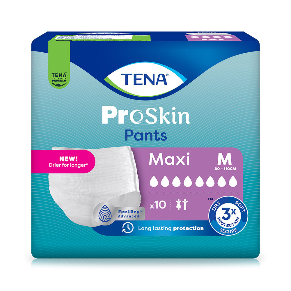 Frontalansicht einer Packung Tena Pants Maxi Medium Inkontinenzhosen.