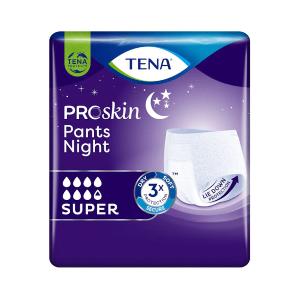 Beige TENA Pants Night Super in der Größe Medium auf einem weißen Hintergrund. Die Einlagen sind speziell für die nächtliche Inkontinenz ausgelegt und bieten hohen Schutz. Die Vorderseite zeigt das TENA-Logo sowie Informationen zur Produktreihe. Die Panty hat elastische Bündchen und eine bequeme Passform, die für hohen Tragekomfort sorgt. Sichtbar sind die atmungsaktiven Materialien, die Hautfreundlichkeit betonen.