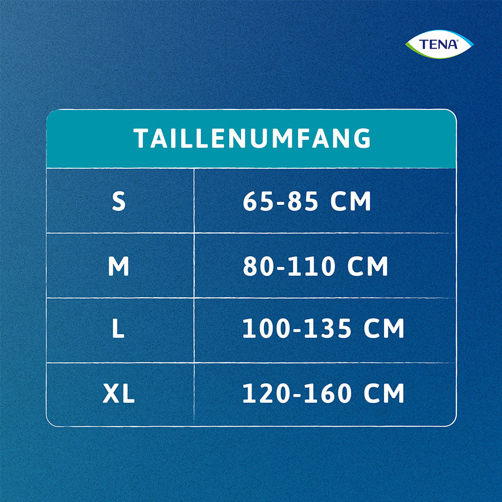 Größentabelle mit Taillenumfang der Tena Pants Normal Inkontinenzhosen.
Größe S: 65 - 85 cm
Größe M: 80 - 110 cm
Größe L: 100 - 135 cm
Größe XL: 120 - 160 cm