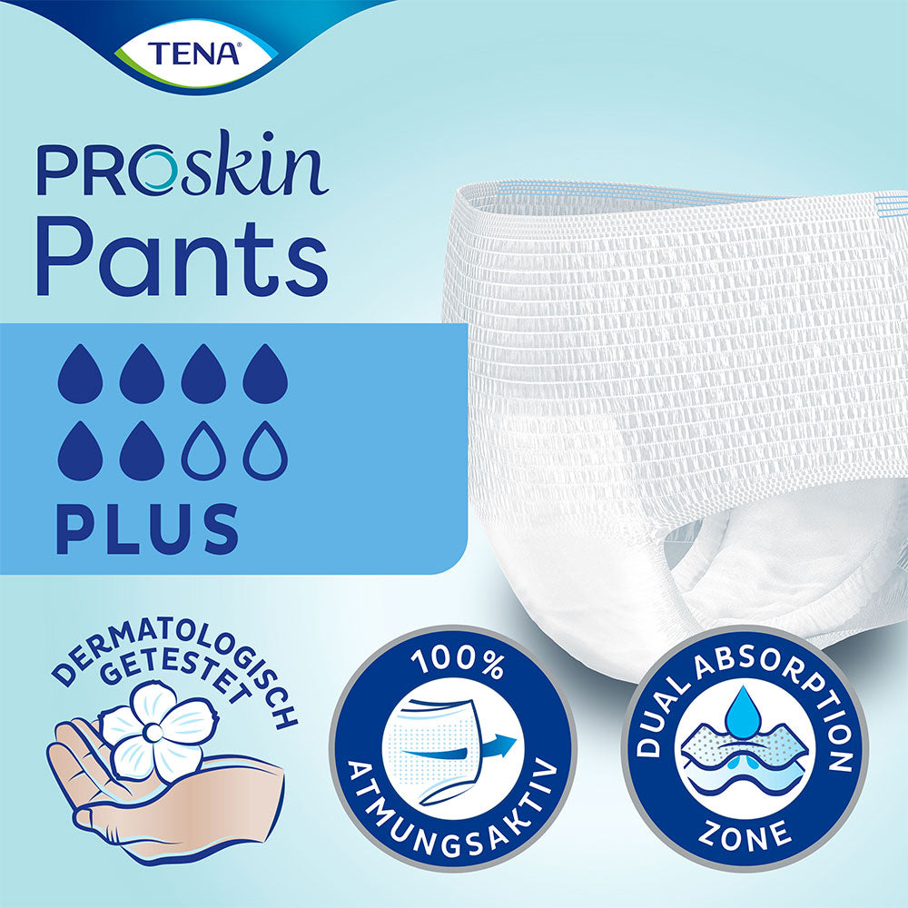 Frontalansicht einer einzeln entnommenen Tena Pants Plus XL Inkontinenzhose mit folgenden Hinweisen: 8 von 8 Tropfen, dermatologisch getestet, 100% atmungsaktiv, Dual Absorption Zone.