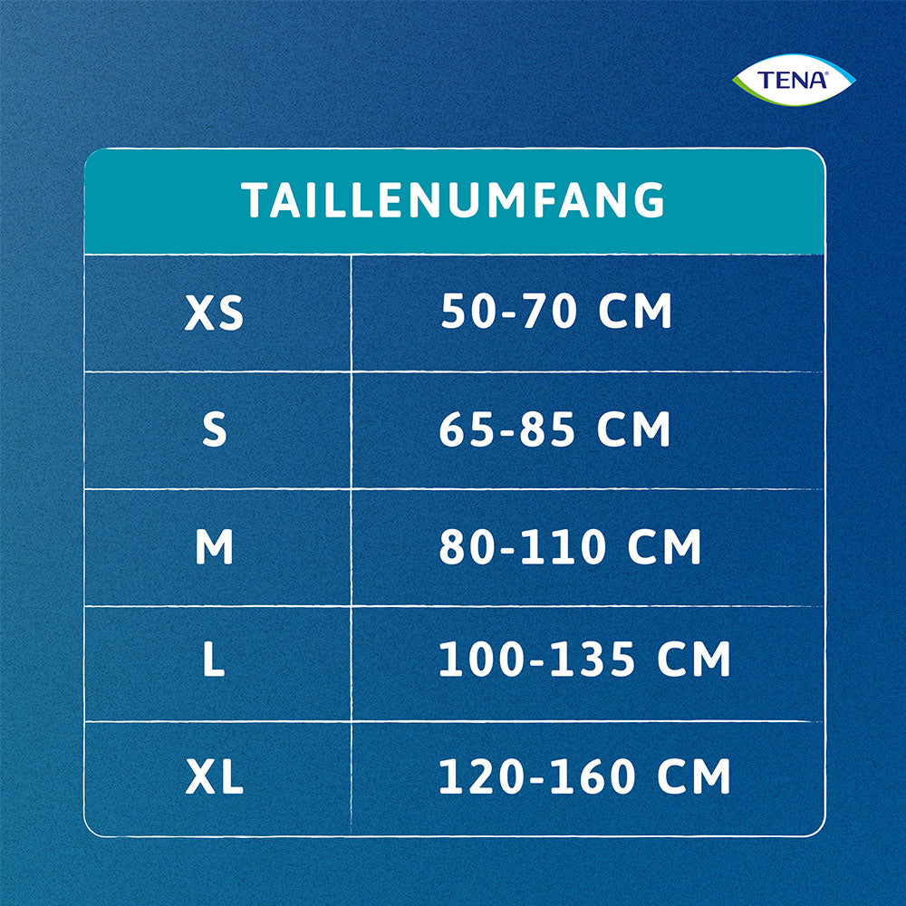 Größentabelle der Tena Pants mit Taillenumfang: XS (50 - 70 cm), S (65 - 85 cm), M (90 - 110 cm), L (100 - 135 cm), XL (120 - 160 cm).