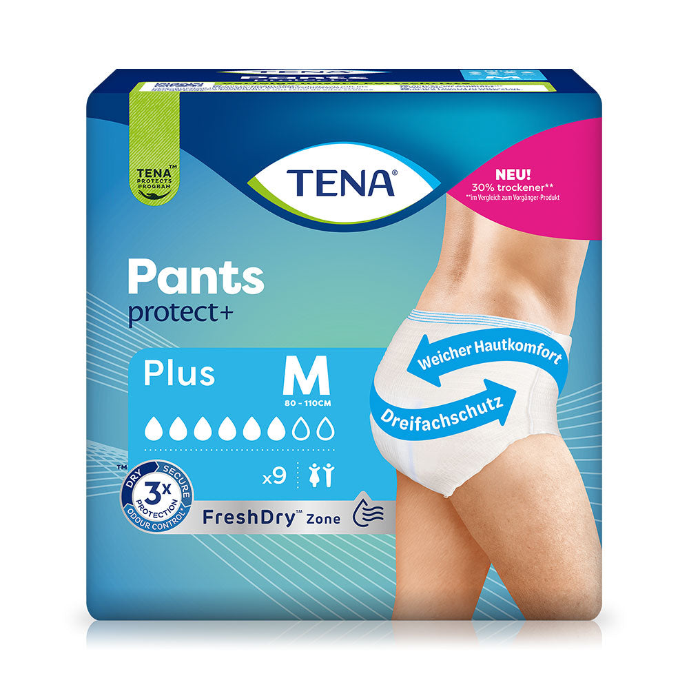 Frontalansicht einer Packung Tena Pants Protect+ Plus Medium Inkontinenzhosen Kleinpackung.