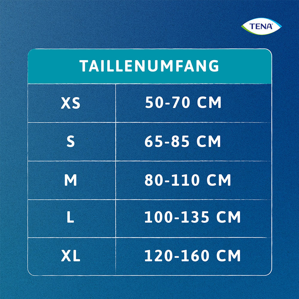 Größentabelle der Tena Pants mit Taillenumfang: XS (50 - 70 cm), S (65 - 85 cm), M (80 - 110 cm), L ( 100 - 135 cm), XL (120 - 160 cm).