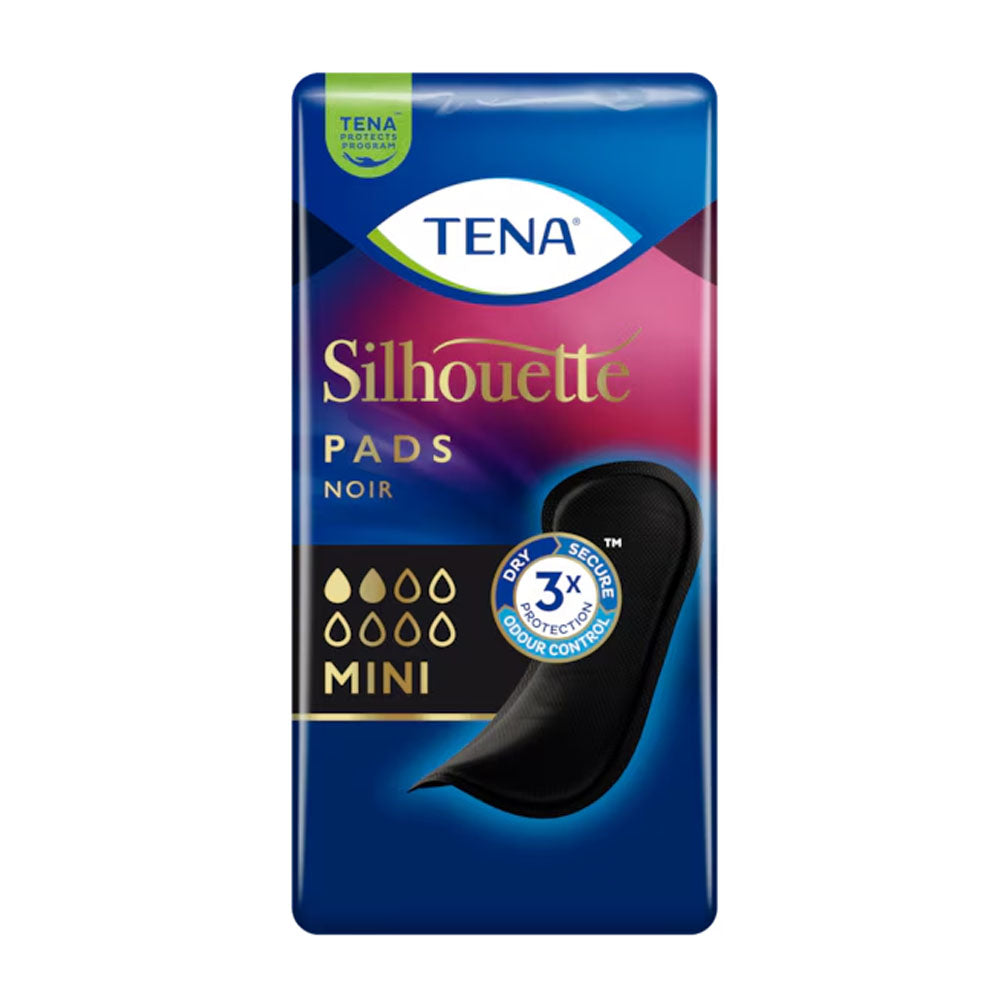 Das Bild zeigt das Produkt "Tena Silhouette Mini Noir", eine Packung von Inkontinenzeinlagen. Die Verpackung ist schwarz mit eleganten, stilvollen Akzenten und zeigt den markanten Tena-Schriftzug. Auf der Vorderseite sind Informationen über die Einlagen abgebildet, einschließlich der Größe "Mini" und des Begriffs "Silhouette", der auf die diskrete und feminine Gestaltung hinweist. Im Hintergrund sind sanfte Schattierungen zu sehen, die dem Gesamtbild Tiefe verleihen.