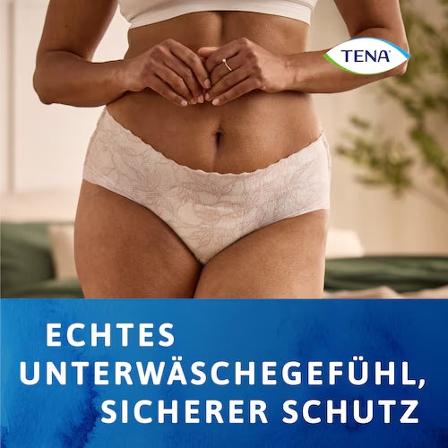 Nahaufnahme einer Tena Silhouette Plus White Medium Inkontinenzhose mit dem Hinweis: "Echtes Unterwäschegefühl, sicherer Schutz."