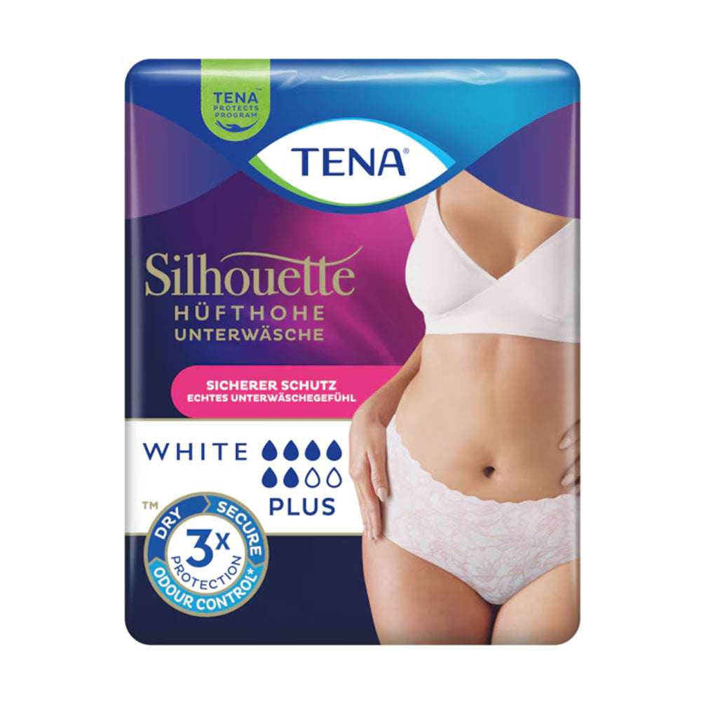 Bild der TENA Silhouette Plus Inkontinenzunterwäsche in Weiß, Größe Medium. Die Unterwäsche ist elegant und wird im vorderen Abschnitt angezeigt, um ihre Passform und die feine, weiche Textur zu betonen. Die Taille ist elastisch und sorgt für einen sicheren Sitz. Die Seiten zeigen die diskrete, feminine Gestaltung der Unterwäsche. Diese Produkte sind speziell für Inkontinenz konzipiert und bieten sowohl Komfort als auch diskrete Sicherheit. Perfekt für den Alltag und eine aktive Lebensweise.