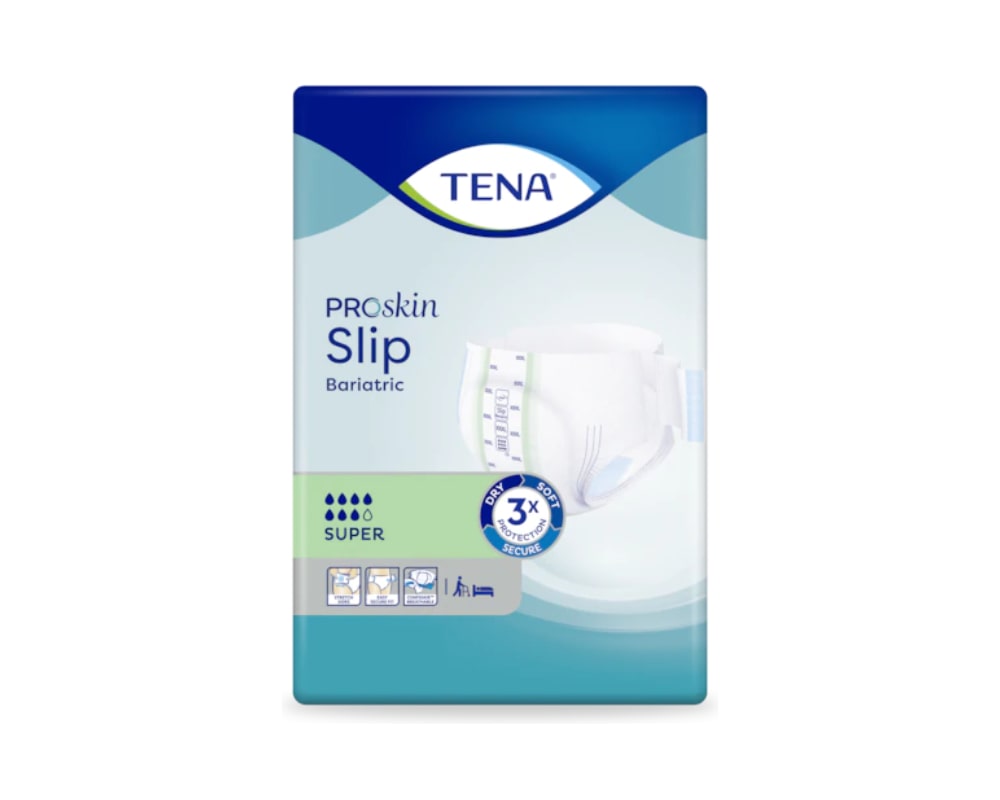 Auf dem Bild ist eine Verpackung des TENA Slip Bariatric Super XXL zu sehen, einem Inkontinenzprodukt, das für Menschen mit größerem Körperumfang konzipiert ist. Die Verpackung ist überwiegend in Blau und Weiß gehalten und zeigt das Logo der Marke TENA prominent. Auf der Vorderseite sind Informationen über den Produkttyp und die Größe sowie Grafiken, die die Saugfähigkeit darstellen.