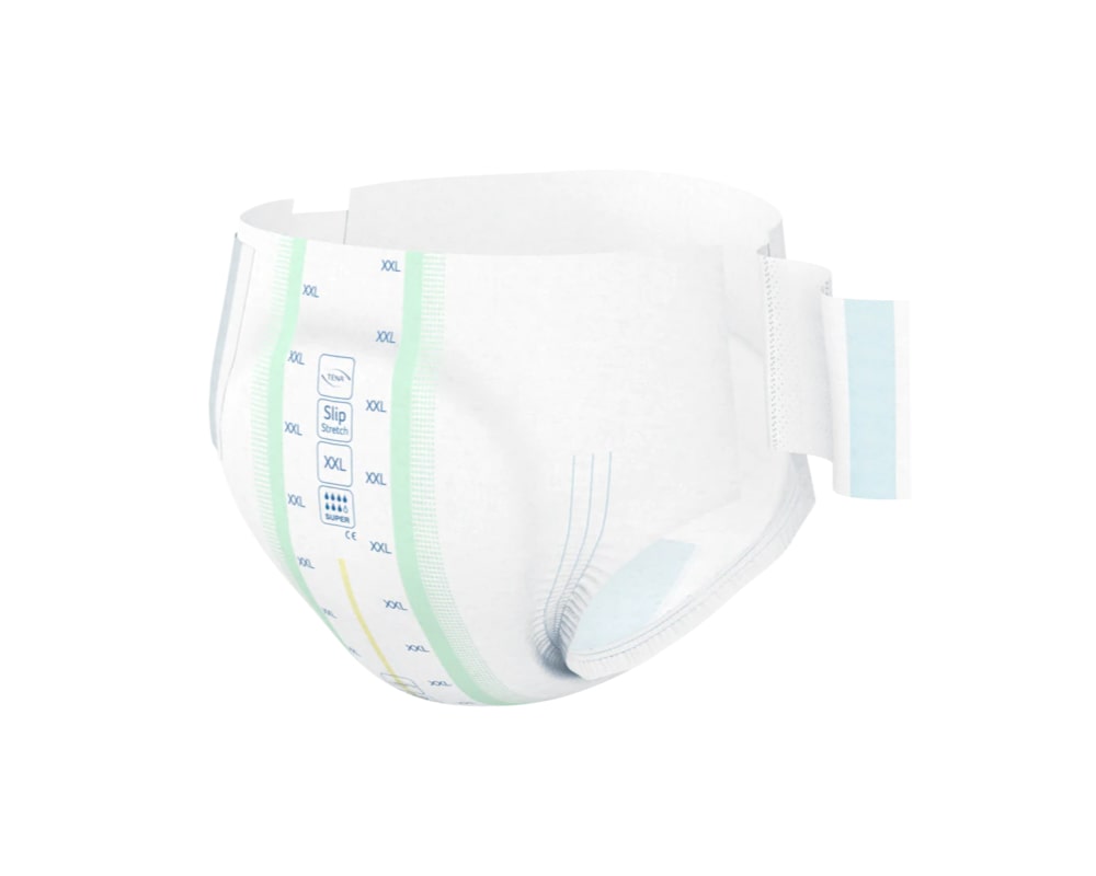 Ein TENA Slip Bariatric Super XXL Inkontinenzprodukt für Erwachsene ist auf dem Bild abgebildet. Die Windel hat eine große, rechteckige Form und zeigt eine weiße Oberfläche mit einem blauen Rand. Sie weist eine rutschfeste Struktur und einen hohen Saugabsorptionsbereich auf. Das Produkt ist für übergewichtige Erwachsene konzipiert, um optimalen Komfort und Schutz zu gewährleisten.