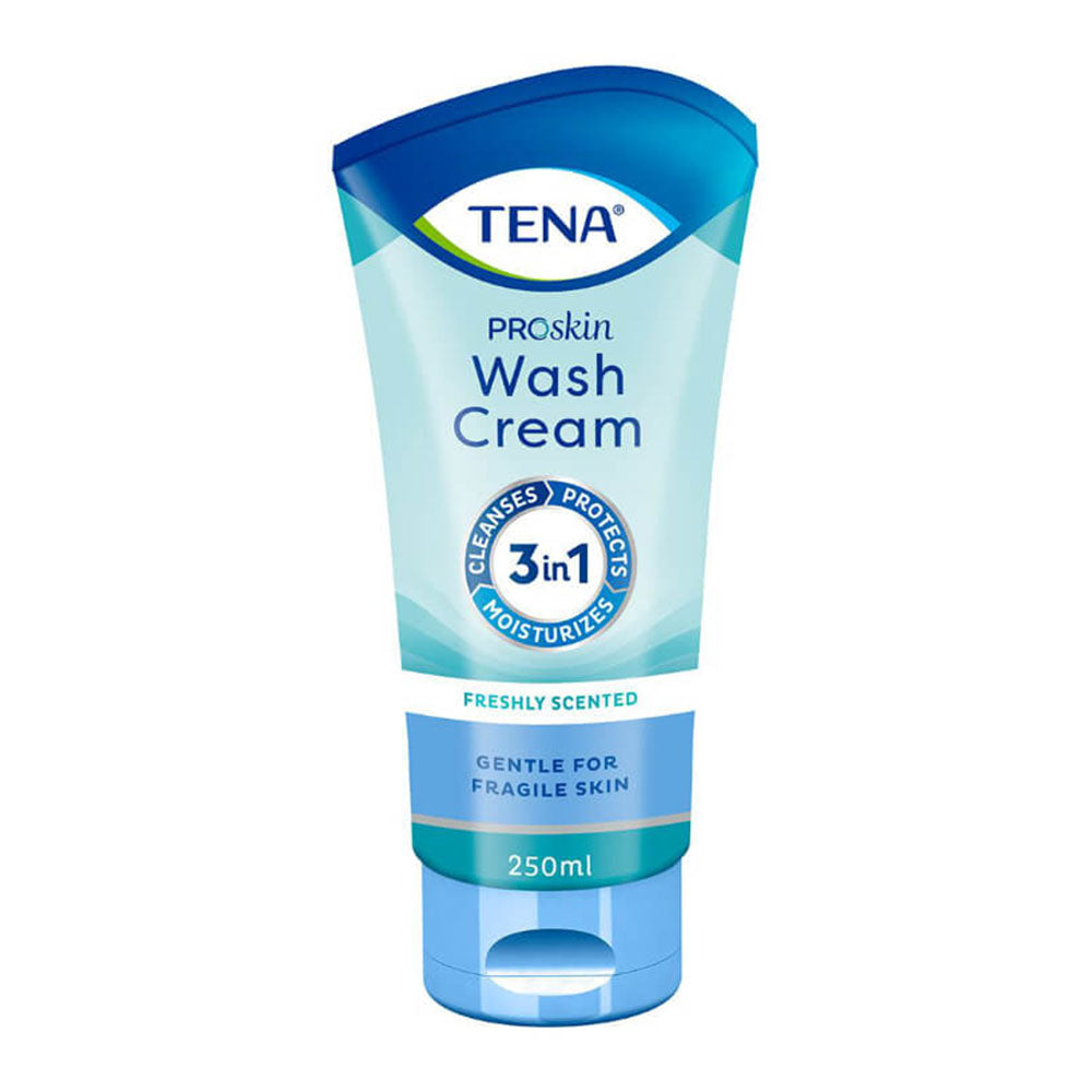 Frontalansicht einer Tube Tena Waschcreme 250 ml Waschcreme.