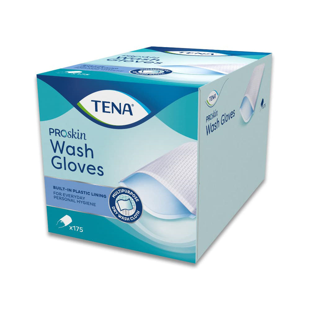 Frontalansicht einer Packung Tena Wash Glove Waschhandschuh mit Folie.
