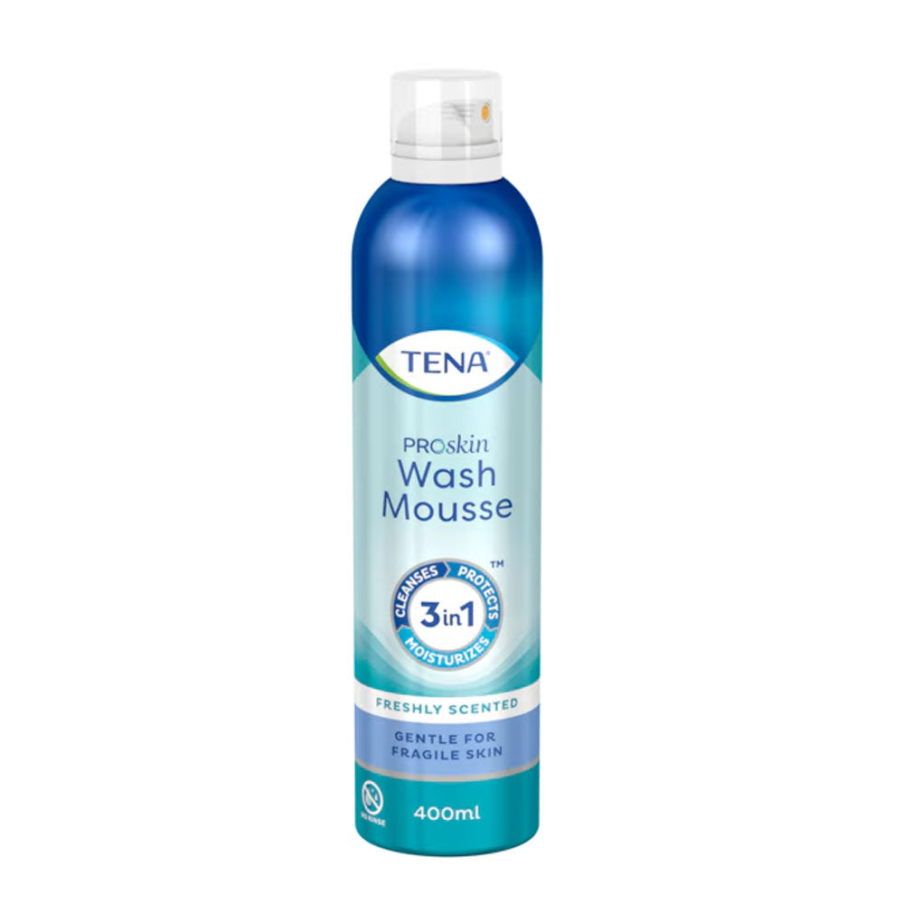 Frontalansicht einer Flasche Tena Wash Mousse Reinigungsschaum 400 ml.