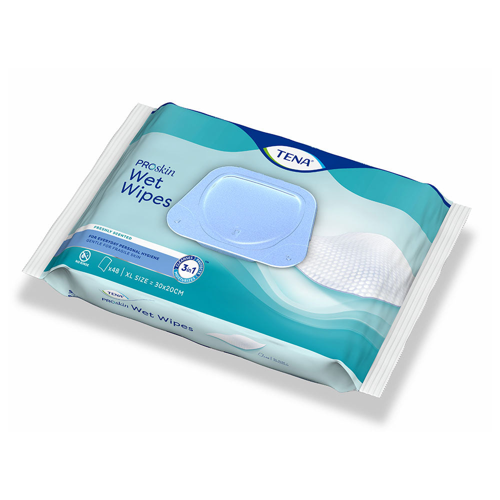 Frontalansicht einer Packung Tena Wet Wipes XL 30 x 20 cm.
