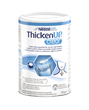 Das Produktbild zeigt eine Packung mit dickem, klarem Verdickungspulver, abgebildet in einem transparenten Beutel. Der Beutel ist in der Mitte des Bildes positioniert, wobei das Produktlabel gut leserlich ist. Das Label weist eine grüne und blaue Farbgestaltung auf, mit dem Markennamen "Thicken Up" und der Mengenangabe von 125 g. Die Verpackung zeigt auch eine klare Angabe der Anwendungsmöglichkeiten.