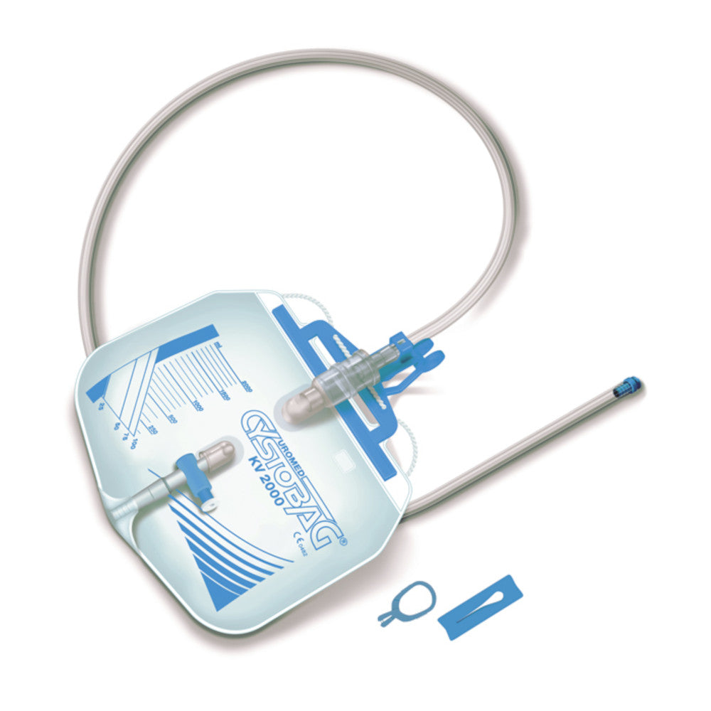 Darstellung des UROMED CYSTOBAG KV 2000 – geschlossenes Urindrainagesystem mit 2000 ml Volumen, Tropfkammer, T-Tap-Ablasshahn, Rücklaufventil und Schlauchsystem.