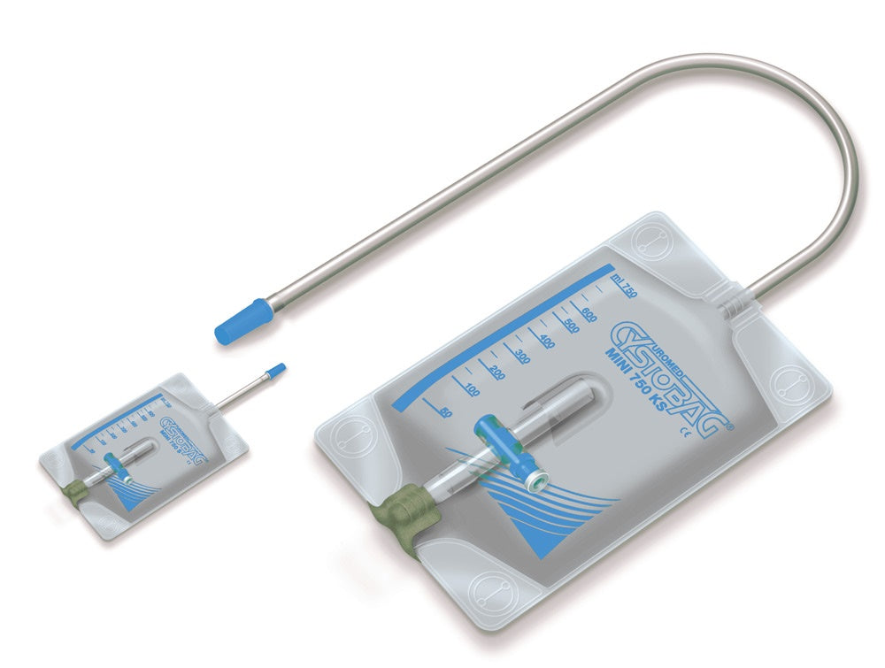 Produktbild eines Uromed Cystobag Mini Urinbeutels. Der Beutel hat ein Volumen von 750 ml und eine Länge von 50 cm. Er ist steril verpackt und in einer Packung mit 10 Stück erhältlich. Der Urinbeutel zeigt eine transparente Oberfläche, die eine einfache Sichtkontrolle des Füllstands ermöglicht. An einer Seite befindet sich eine Entleerungsauslass mit einem Clipverschluss zur sicheren Handhabung.
