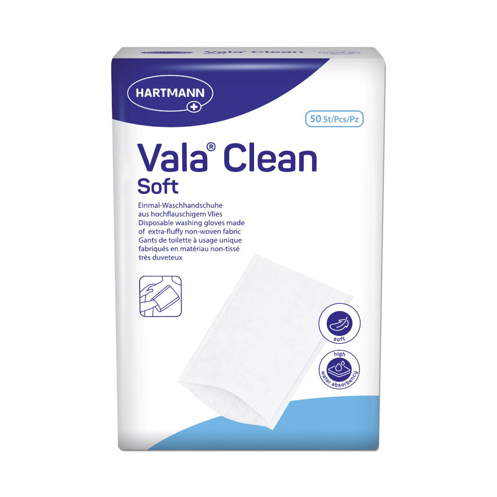 Ein Satz von vier einmal verwendbaren Waschhandschuhen in hellblau, die auf einer weißen Unterlage angeordnet sind. Jeder Handschuh hat eine abgerundete Form und ist mit einem weichen, strapazierfähigen Material gestaltet. Die Innenseite ist leicht strukturiert, während die Außenseite glatt erscheint. Diese praktischen Handschuhe sind für Hygienezwecke konzipiert und eignen sich ideal für den Einsatz in Pflegeeinrichtungen oder zu Hause.