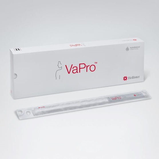 Bild des Vapro F Style Einmalkatheters, Berührungsfrei, Typ Nelaton, mit einer Länge von 40 cm, geeignet für Männer. Der Katheter ist transparent und hat eine glatte Oberfläche. Er ist in einer steril verpackten Einheit zu sehen, die mit der Aufschrift "Vapro F" versehen ist. Auf der Verpackung sind auch Sicherheits- und Gebrauchshinweise zu erkennen. Der Katheter hat eine Größe von CH 8, und es sind insgesamt 30 Stück in der Verpackung enthalten.
