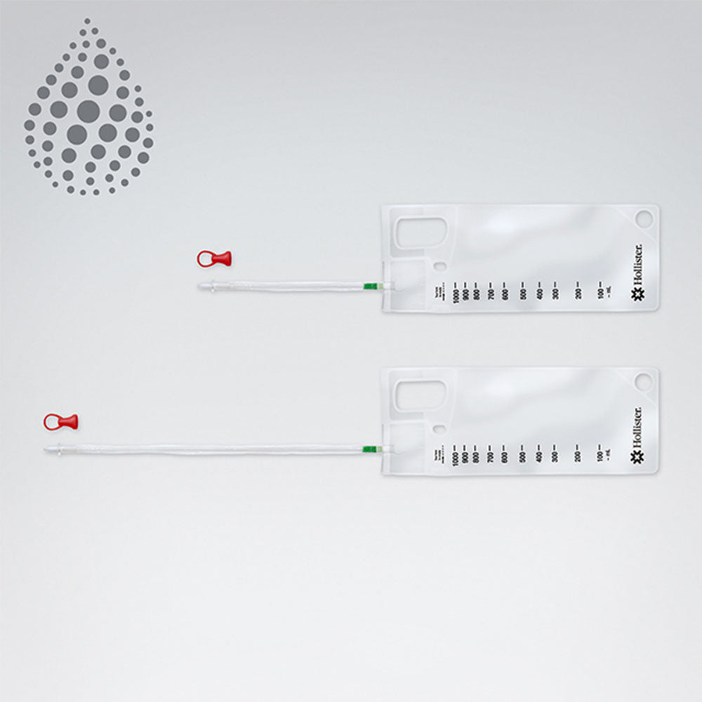 Frontalansicht von zwei VaPro Plus Einmalkathetern mit Auffangbeutel in den Längen 20 cm und 40 cm.