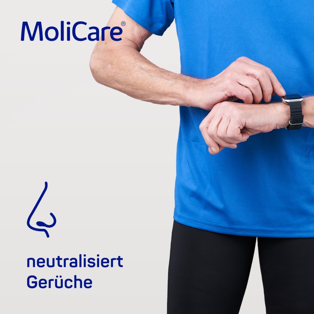 MoliCare Premium Men Pad, ein hochwertiges Inkontinenzprodukt für Männer, wird in einer ansprechenden Verpackung gezeigt. Die Vorderseite der Verpackung zeigt das Produktlogo, die Bezeichnung "Men Pad" sowie Informationen zur Saugstärke und zur neutralisierenden Geruchseigenschaft. Der Hintergrund ist in sanften Farben gehalten, unterstützt durch eine Bildgestaltung, die den medizinischen und hygienischen Charakter des Produkts betont.