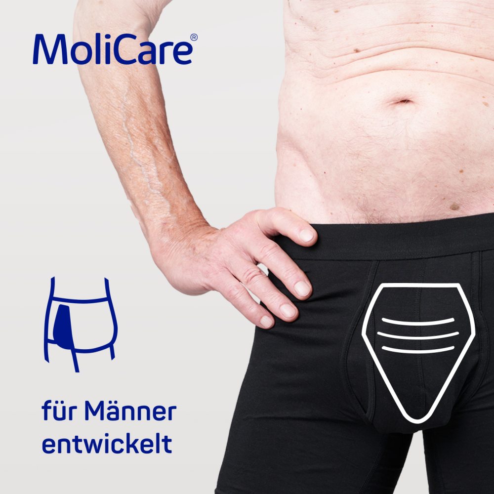 MoliCare Premium MEN PAD, designed specifically for men, showcasing a pack of incontinence pads. The product is elegantly verpackt in einer grünen und weißen Box mit deutlicher Kennzeichnung. Oben ist das Produktlabel sichtbar mit dem Markennamen "MoliCare" und dem Zusatz "Premium MEN PAD". Die Verpackung hebt die Eigenschaften wie Saugfähigkeit hervor. Die Pads sind so gestaltet, dass sie Diskretion und Komfort bieten.