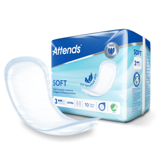 Frontalansicht einer Packung Attends Soft 3 Extra 10er Pack Inkontinenzeinlagen und eine einzeln entnommene Atennds Soft 3 Extra Einlage.