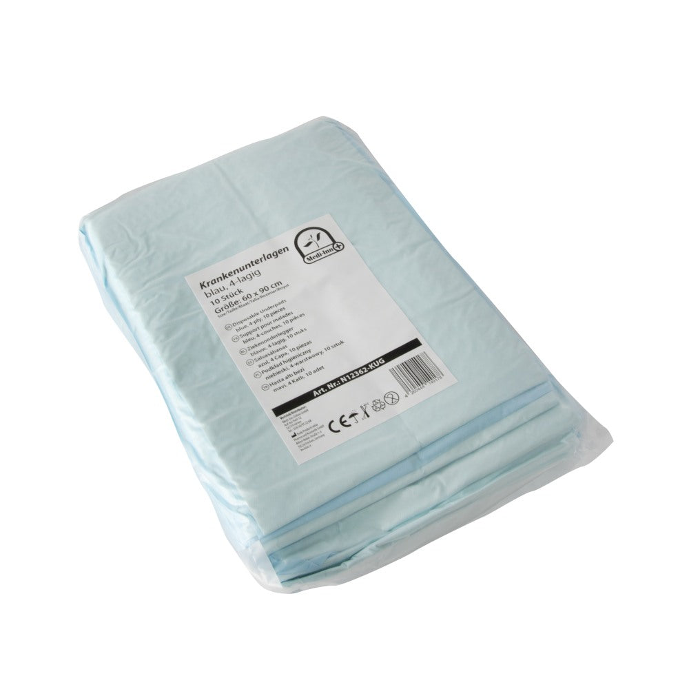 Verpackte Krankenunterlagen, 10 Stück, 60 × 90 cm, 4-lagig, mit weißem Etikett auf der Oberseite.“