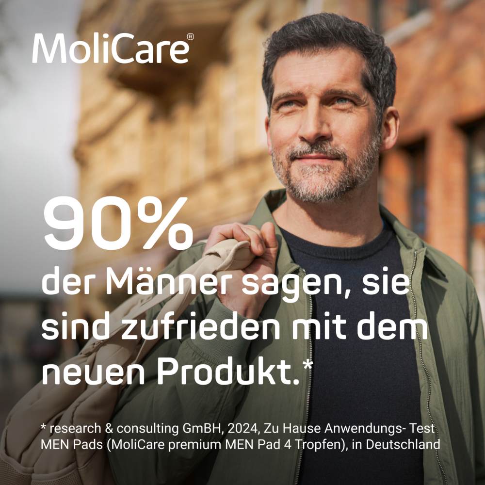 MoliCare Premium Men Pad ist ein schützendes Inkontinenzprodukt speziell für Männer, dargestellt auf einem hellen Hintergrund. Die Verpackung ist in Blau- und Grautönen gehalten und zeigt das Produkt in Form von gepolsterten Einlagen. Auf der Vorderseite wird deutlich der Produktname "MoliCare Premium Men Pad" sowie die Größe und die Absorptionseigenschaften hervorgehoben. In der oberen rechten Ecke sind PZN-Nummer und andere technische Details zu finden.
