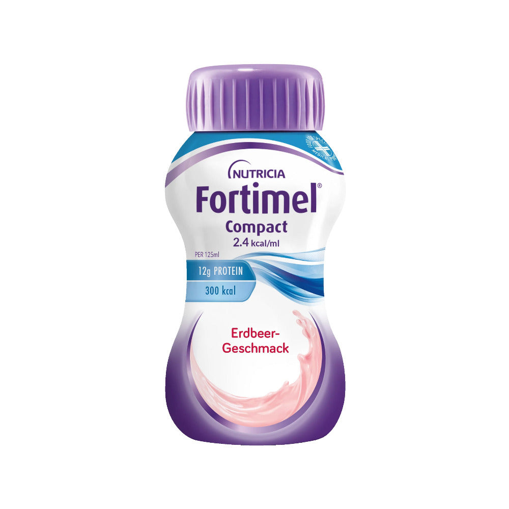 Flasche Fortimel Compact 125 ml in der Geschmacksrichtung Erdbeere, weiß-rosa Verpackung mit Erdbeerabbildung, Produkt für medizinische Ernährung von Danone.