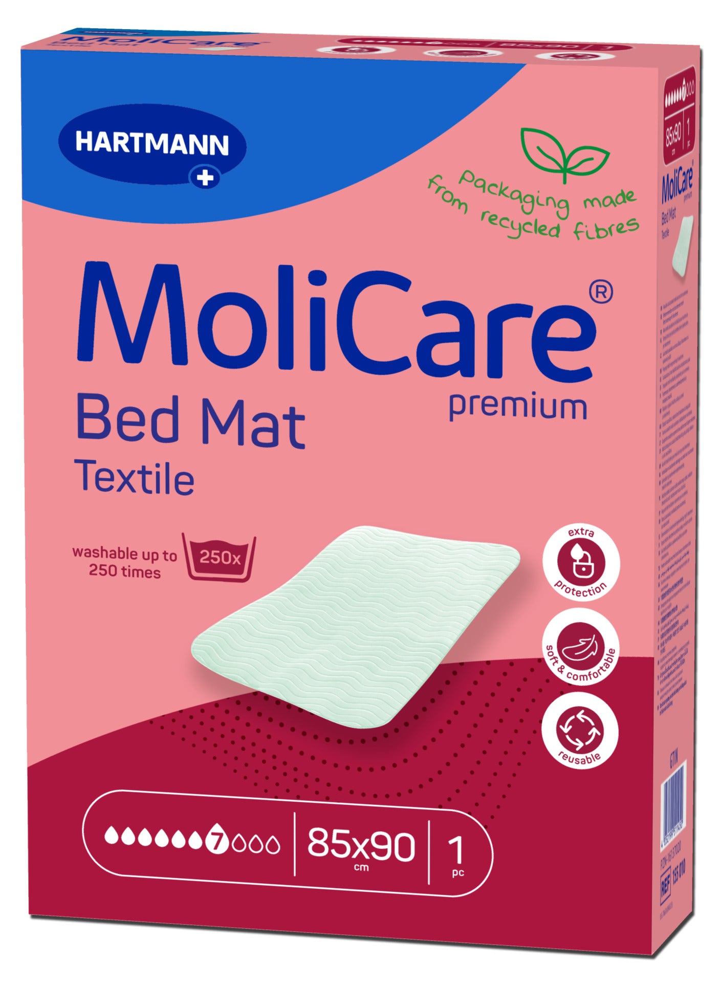 MoliCare Premium Bed Mat Textile von Hartmann – waschbare, wiederverwendbare Bettschutzauflage (85 x 90 cm), 1 Stück, geeignet für bis zu 250 Waschgänge, hohe Saugleistung (7 von 9 Tropfen), weich, komfortabel und mit extra Schutz. Verpackung aus recycelten Fasern.