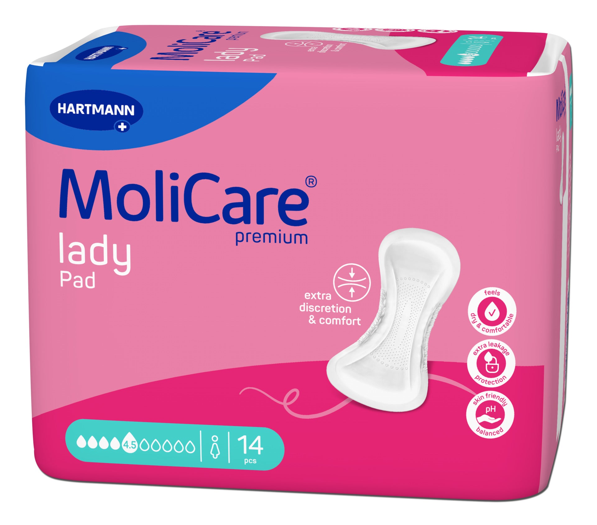 MoliCare Lady Pad, ein Frauen-Produkt zur Inkontinenz, zeigt ein einzelnes, sanft gebogenes, einlagiges Pad in Weiß auf einem neutralen Hintergrund. Das Pad hat eine weiche, strukturierte Oberfläche und ist speziell für diskrete Nutzung konzipiert. Es bietet hohen Feuchtigkeitsschutz mit einer saugfähigen Schicht zur Erhaltung von Trockenheit. Die Verpackung ist übersichtlich, mit einfachen, klaren Informationen zu Anwendung und Eigenschaften.