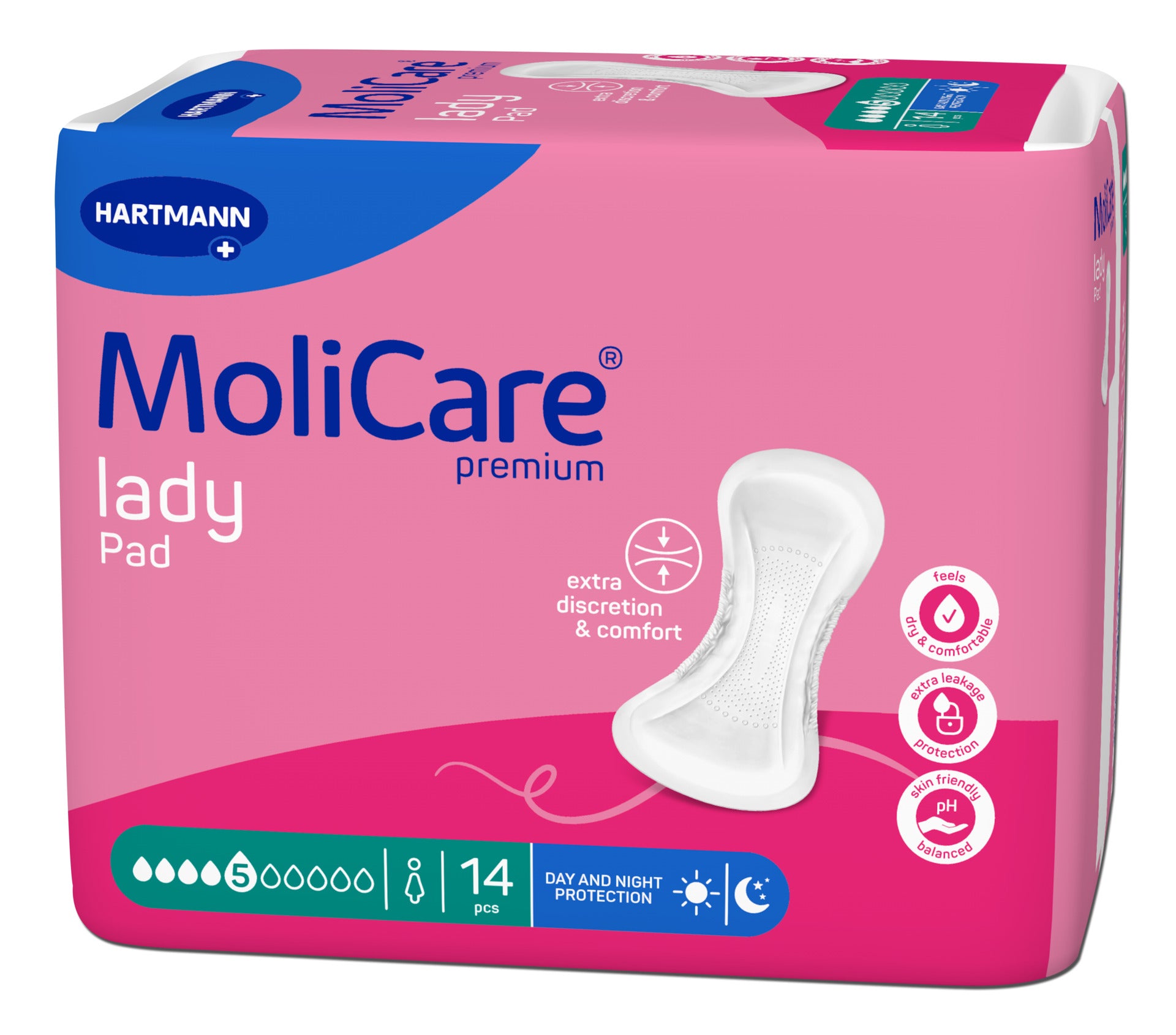 Ein MoliCare Premium Lady Pad, speziell für Frauen entwickelt, liegt auf einer glatten weißen Oberfläche. Das Pad ist in einem sanften Weißton gehalten und hat eine dünne, ergonomische Form. Die Oberfläche zeigt eine feine Textur, die die Saugfähigkeit und den Komfort betont. Auf der Verpackung sind schematische Zeichnungen und Symbole, die die speziellen Eigenschaften und die optimale Passform darstellen.