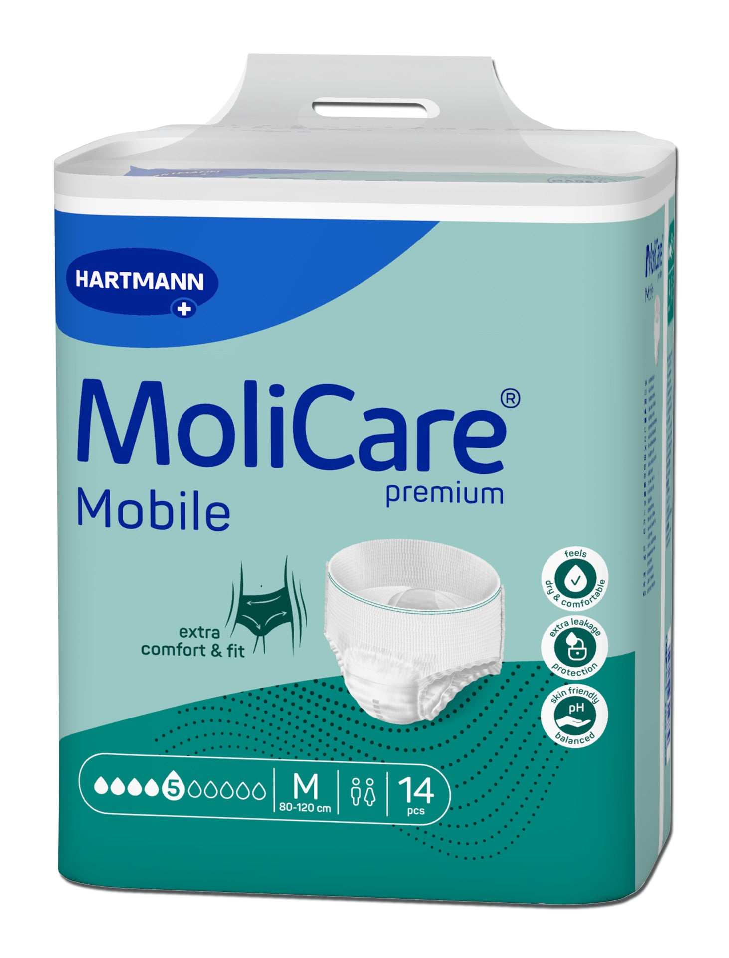 Saugfähige Inkontinenzunterwäsche von MoliCare, Modell Premium Mobile, Größe M. Die Unterwäsche ist in einem sanften Blau gehalten und zeigt elastische Bündchen für einen angenehmen Sitz. Sie bietet hohe Saugfähigkeit und Diskretion. Auf der Vorderseite ist das MoliCare-Logo gut sichtbar, ergänzt durch feine, dekorative Nähte. Die Verpackung hebt die wichtigsten Merkmale wie Atmungsaktivität und Hautfreundlichkeit hervor. Ideal für aktive Personen, die Wert auf Sicherheit und Komfort legen.