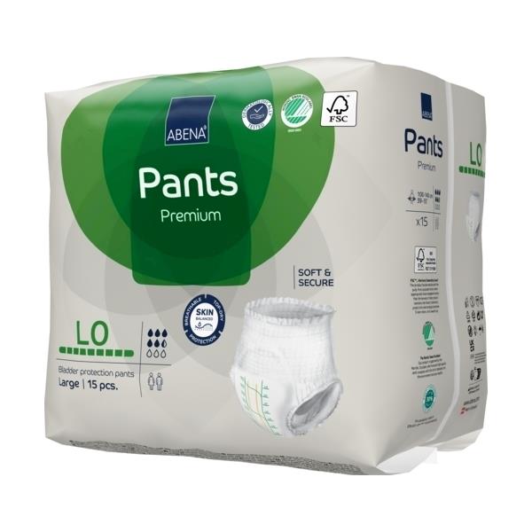 ABENA Pants Premium L0, Inkontinenzhose Large, Packung mit 15 Stück, Seitenansicht mit Anwendungspiktogrammen