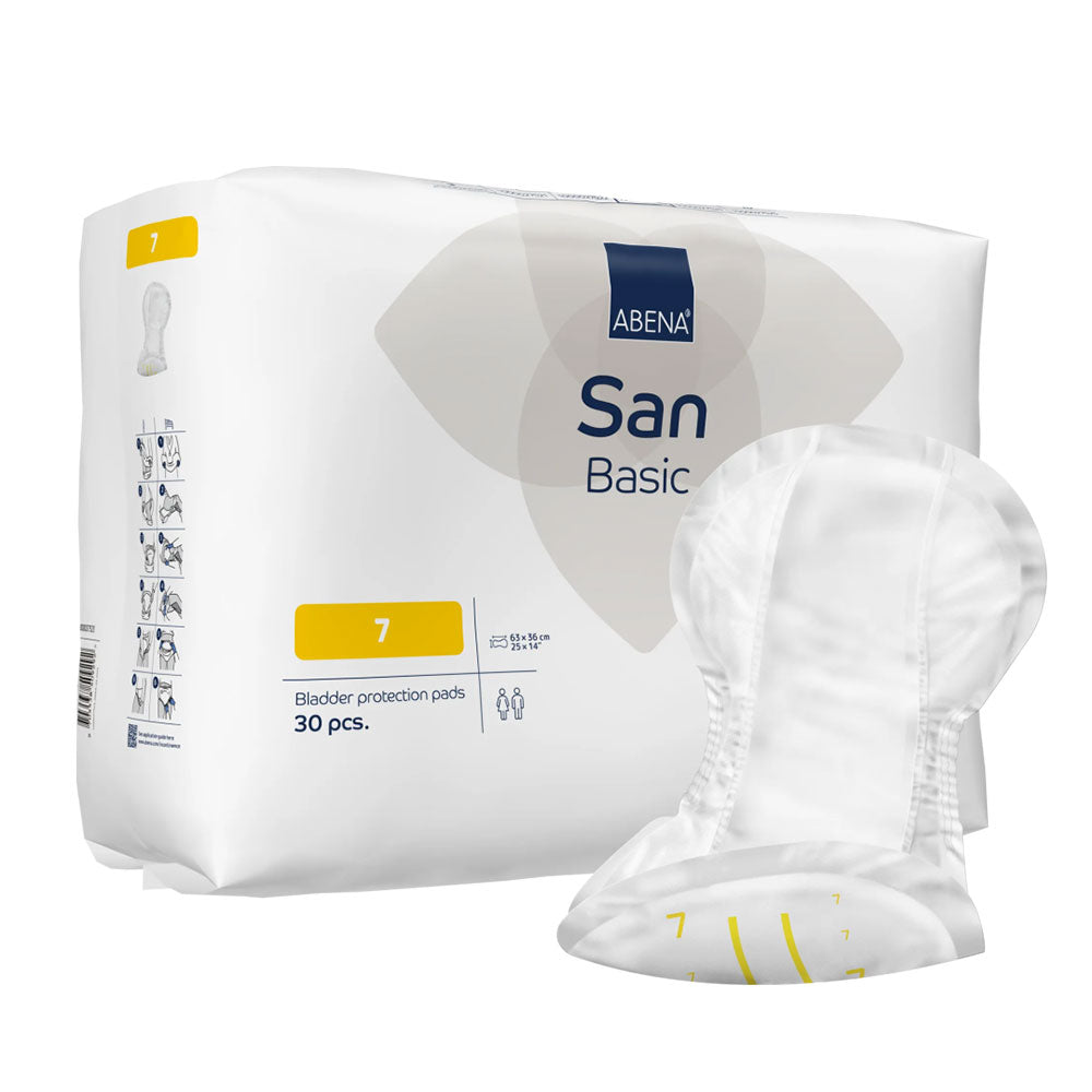 Frontalansicht einer Packung Abena San Basic 7. Davor eine einzeln entnommene Inkontinenzwindel.