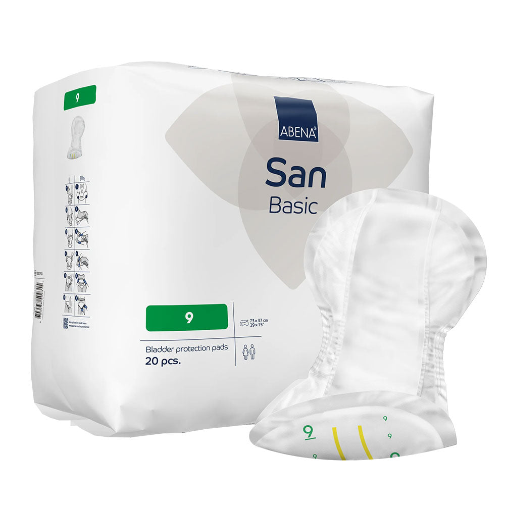 Frontalansicht einer Packung Abena San Basic 9. Davor eine einzeln entnommene Inkontinenzwindel.
