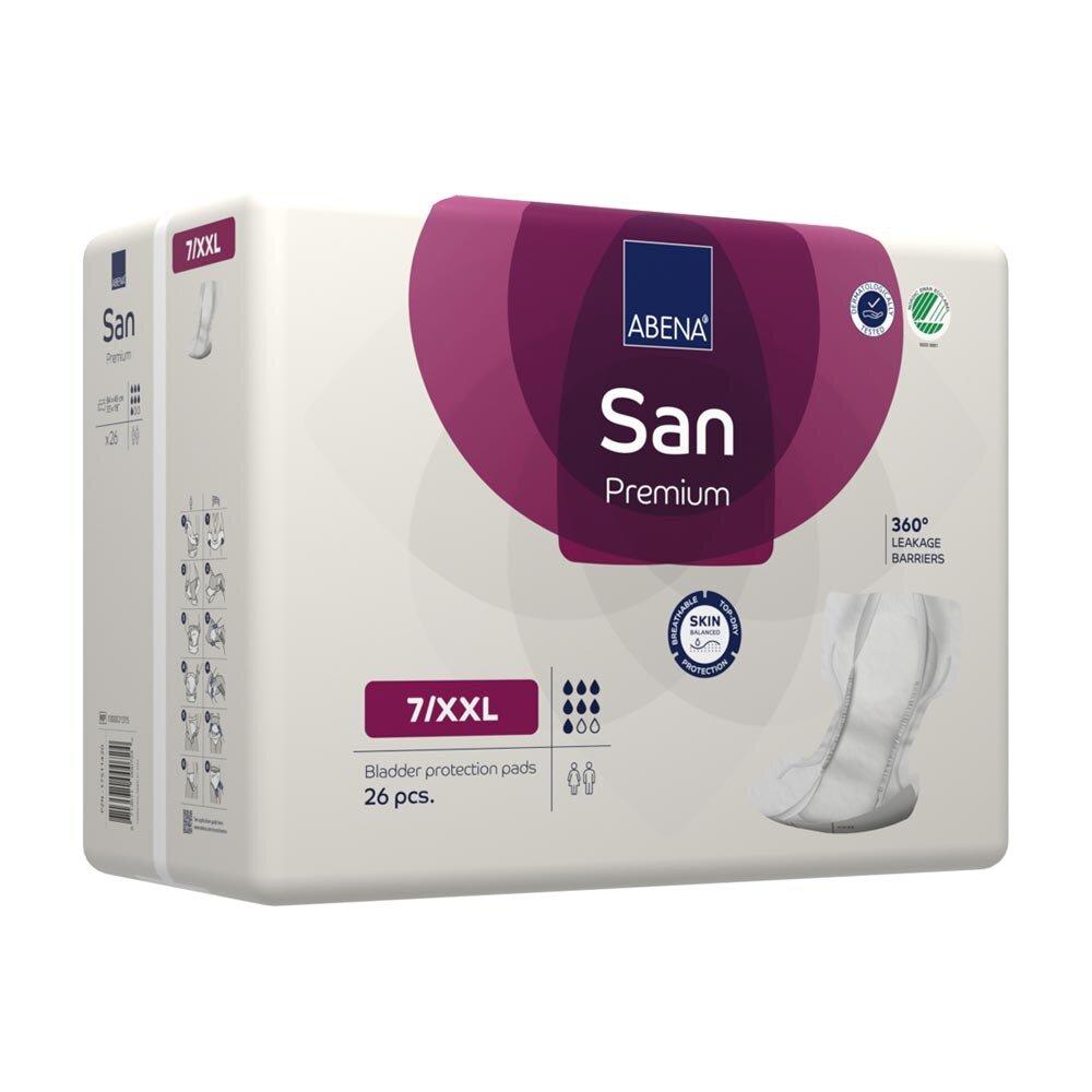 Seitlich-vordere Ansicht der Abena San Premium 7/XXL Verpackung mit Anwendungshinweisen und Sicht auf die Einlage.